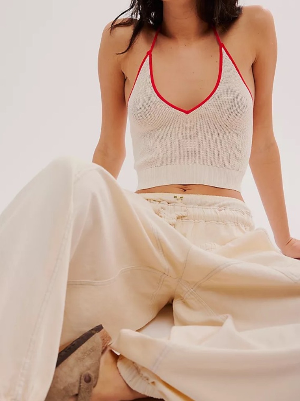 Free People Intimately Out and About Cream Halter Knit Crop Top with Red Trim